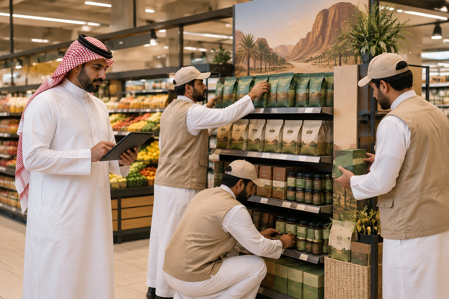 فريق ترويج سعودي رجالي يجهز عرض منتجات داخل سوبر ماركت، ومشرف ميداني يرتدي الثوب والغترة يراجع المتطلبات على جهاز لوحي